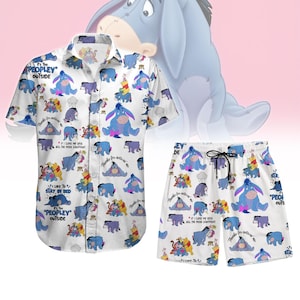 Camisa con botones de Eeyore de Disney, pantalones cortos para hombre con el personaje de Winnie The Pooh, camiseta de verano de Eeyore y sus amigos de Pooh, pantalones cortos de entrenamiento con dibujos animados de Disney