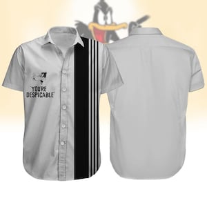 Camisa con botones "Eres despreciable" del Pato Lucas, camisa hawaiana vintage del Pato Lucas de los años 80, camisa de verano de dibujos animados, camisa de vacaciones del Pato Lucas para hombres