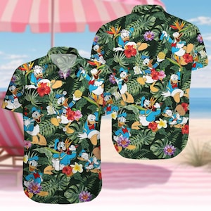 Camicia con bottoni di Paperino Disney, Camicia Hawaii tropicale di Paperino, Pantaloncini Aloha dei cartoni animati Disney per uomo, Maglietta estiva coordinata per la famiglia Disney