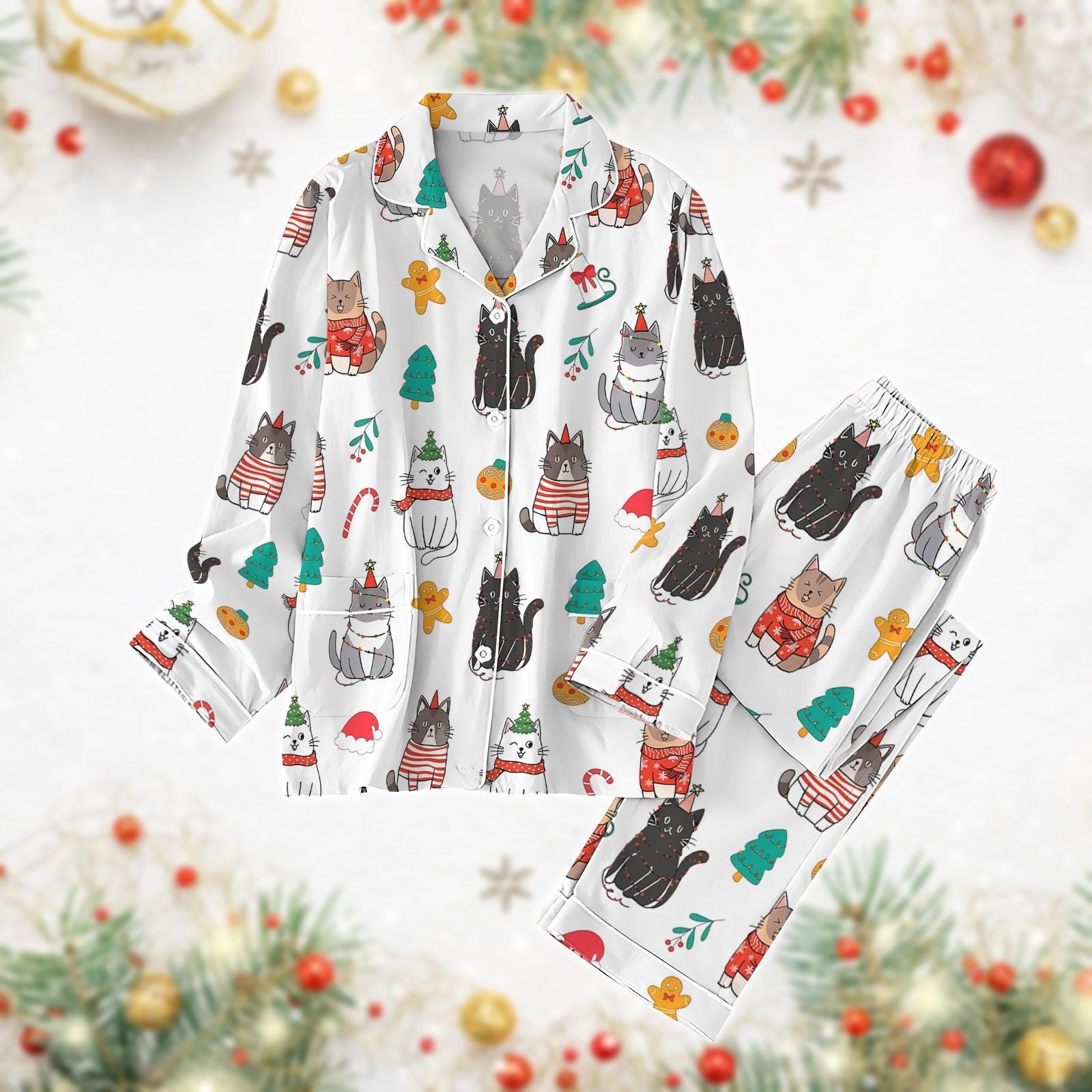 Discover Cat Christmas Pajamas Set, Black Cat Xmas Pajamas, Cartoon Animal Pajamas, Cute Cat Holisay Pajamas, Cat Lover Gift, Cat Owner Gift