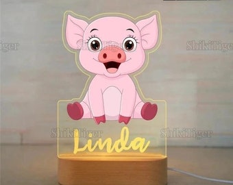 3D Led Night Light, Personalized Name Night Light For Kids, Pig Animal Night Lamp, Bedroom Bedside Light, Pig Pink Baby Night Light