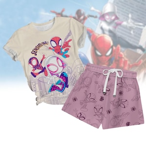 Conjunto vintage de camiseta y pantalón corto de Spiderman, pantalón corto rosa de verano para ella, pijama corto de dibujos animados de Disney, regalo de superhéroe para un viaje a Hawái.