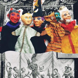 Könnte beinhalten: Eine Sammlung farbenfroher, handgefertigter Puppenfiguren mit ausdrucksstarken Gesichtern und detaillierten Kostümen. Die Puppen sind in einer Gruppe angeordnet und präsentieren eine Vielzahl von Charakteren. Der Hintergrund zeigt eine Schwarz-Weiß-Illustration einer historischen Szene.