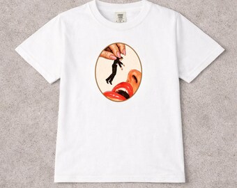 Man Eater Baby Tee, Surreal Graphic Shirt, Vintage Collage Tee, Retro Art Tee, Y2K Aesthetic Top, Edgy Statement Shirt
