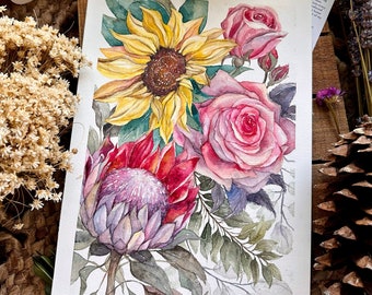 Sunflower Protea Roses | 7in x 10in | Original watercolor