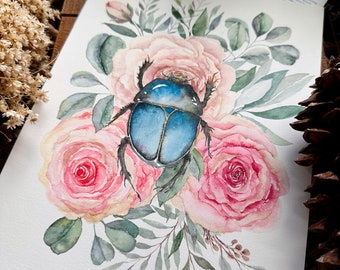 Scarabee & bloemen | 7 x 10 inch | Originele aquarel