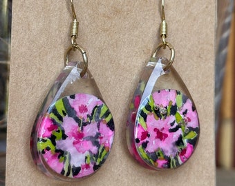 Hand Painted Mini Watercolor Art In Resin Earrings | Pink Florals