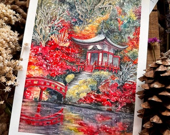 Autumn In The Temple | 7in x 10in | Original watercolor