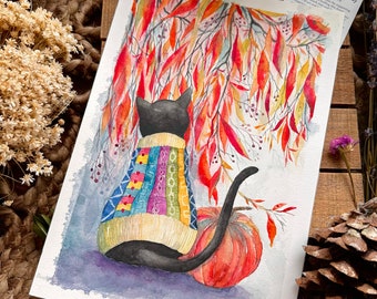 Cat wearing a sweater on autumn | 7in x 10in | Original watercolor