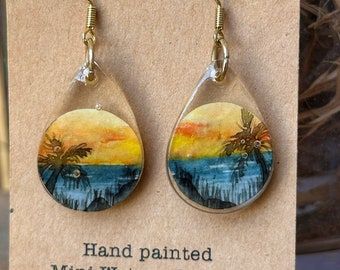 Hand Painted Mini Watercolor Art In Resin Earrings | Tropical Sunset