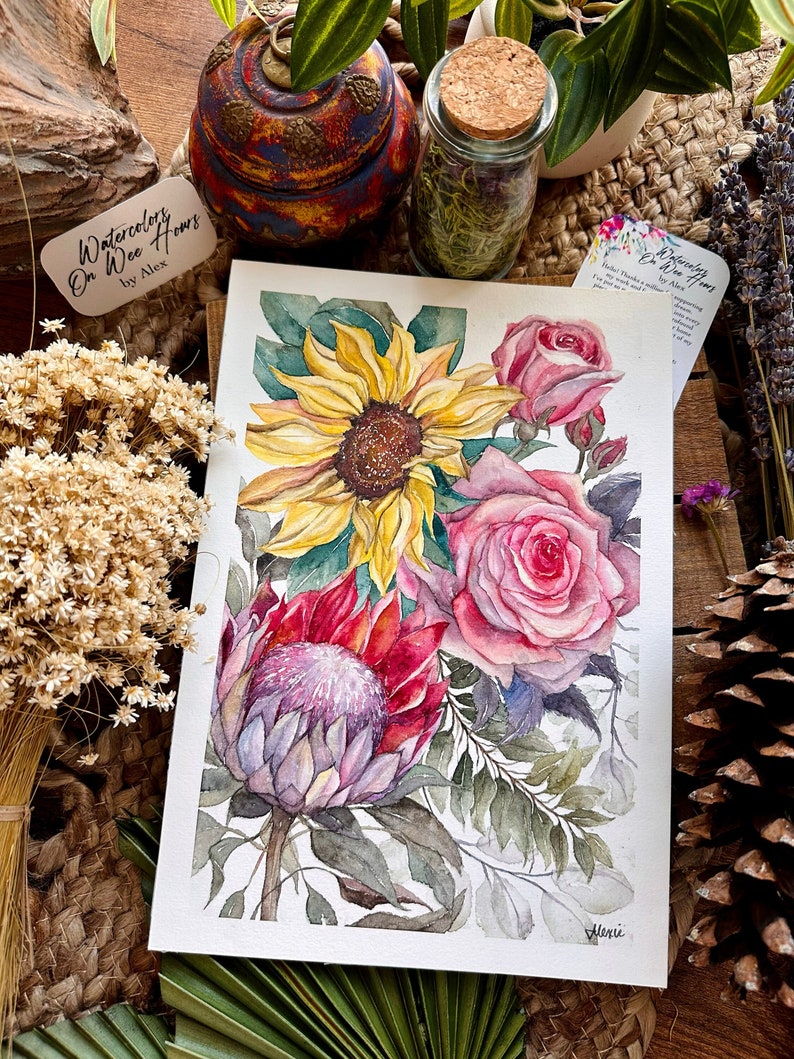 Sunflower Protea Roses 7in x 10in Original watercolor zdjęcie 1