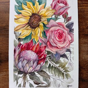 Sunflower Protea Roses 7in x 10in Original watercolor zdjęcie 2