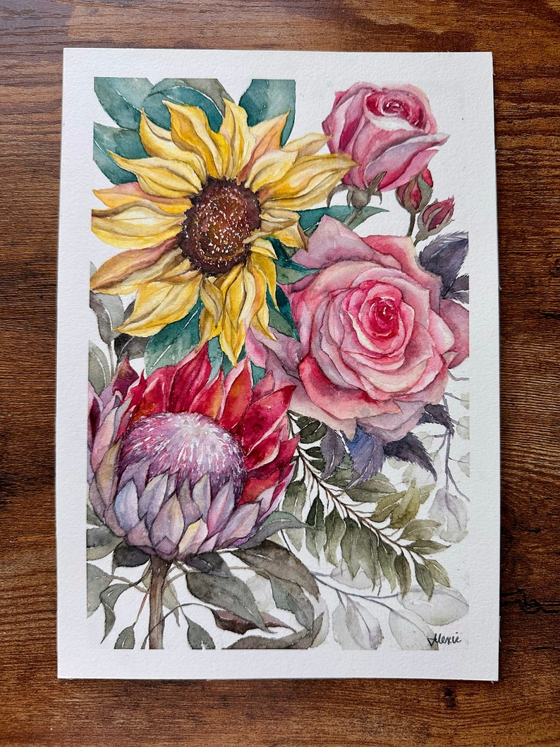 Sunflower Protea Roses 7in x 10in Original watercolor zdjęcie 2