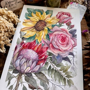 Sunflower Protea Roses 7in x 10in Original watercolor zdjęcie 3