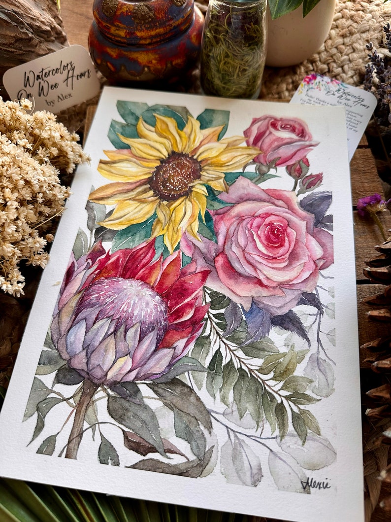 Sunflower Protea Roses 7in x 10in Original watercolor zdjęcie 3