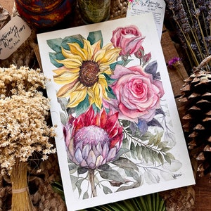 Sunflower Protea Roses 7in x 10in Original watercolor zdjęcie 4