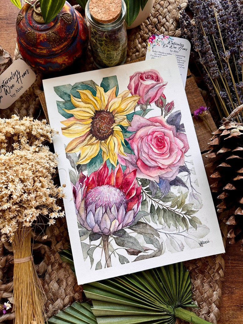 Sunflower Protea Roses 7in x 10in Original watercolor zdjęcie 4