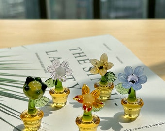 Set of 5 Colored Glass Potted Flowers, Glass Pansy Flowers, Hand Blown Glass Flowers, Car Decoration, Mother's Day Gift, Gift for Sisters