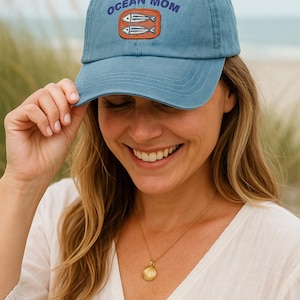 Sardine Can Embroidered Hat, Coastal Mom Denim Baseball Cap, Nautical Gift for Sea Lovers, Beach Day Fish Hat, Ocean Aesthetic Cap