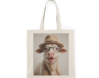 Natural Tote Bag, "2 friendly cows with glasses and hat"