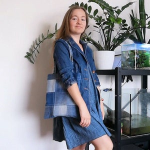 upcycled denim tote bag, sustainable bag, reusable shopping bag, denim book bag
