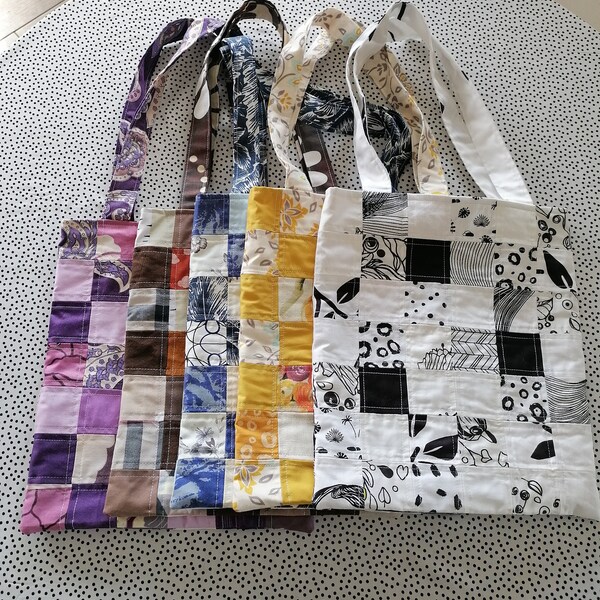 Handmade scraps tote bag, patchwork sturdy book bag, unique upcycled pieces, sustainable gift