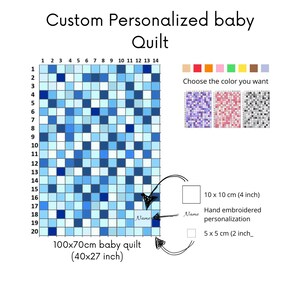 Può includere: Trapunta per neonati personalizzata, 100x70cm, con motivo a quadretti blu. Include personalizzazione ricamata a mano. Scegli il tuo colore. La trapunta misura 40x27 pollici.