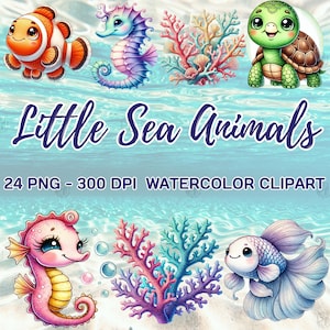 Watercolor Little Sea Animals PNG, Mermaid Clip Art, Cute Ocean Life Clipart, Marine Turtle Seahorse, Underwater Bundle, Commercial Use