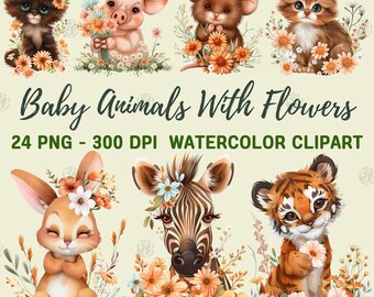 Aquarel babydieren met bloemen PNG, schattige safaridieren illustraties, dierentuin clipart, wildlife muur print, illustratiebundel, commercieel gebruik