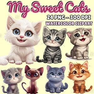 Watercolor Sweet Cats PNG, Cute Kitten Clip Art Portrait, Funny My Baby Cat Clipart Paintings, Cartoon Wall Prints, Pet Illustration Bundle