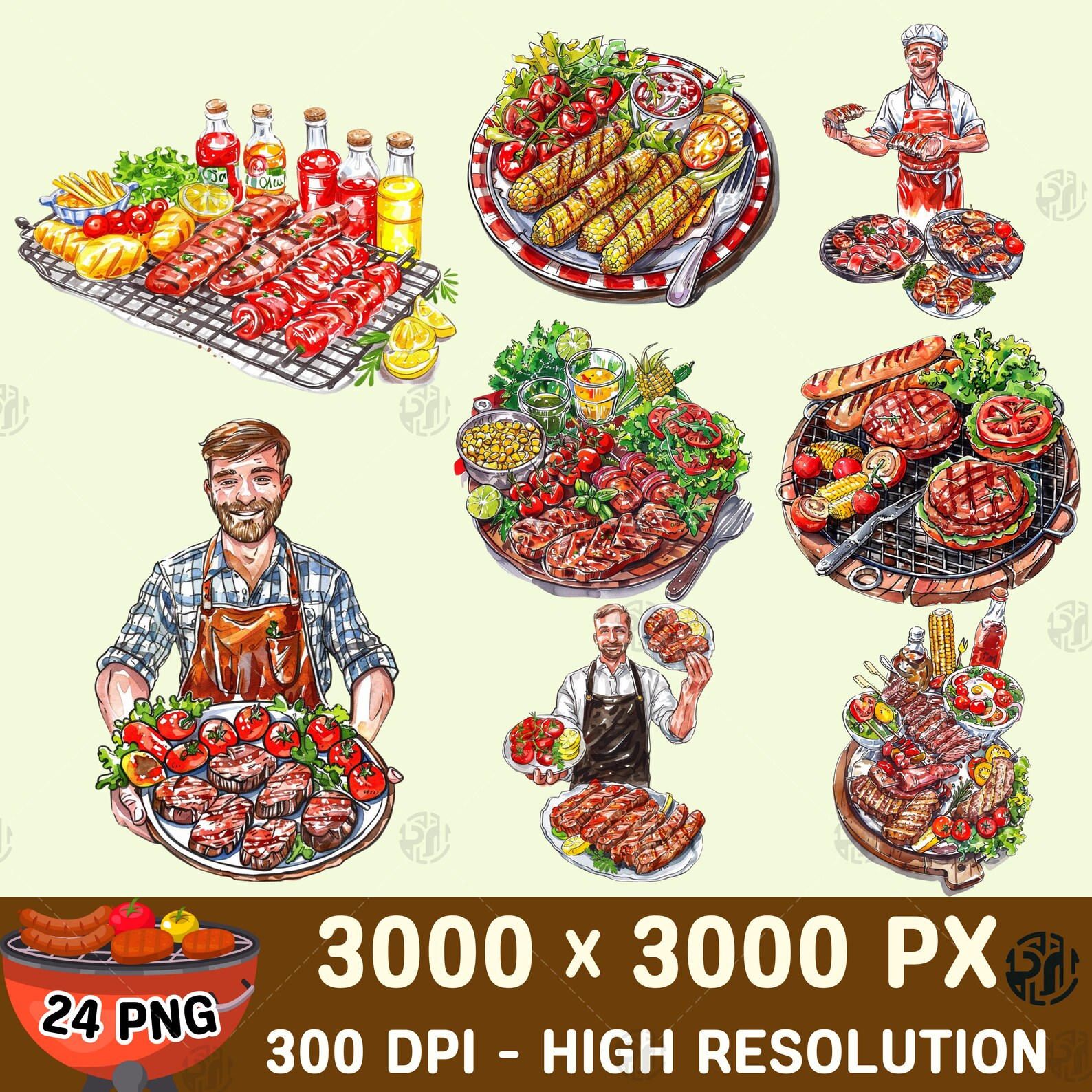 Watercolor Barbecue Summer Party PNG, BBQ Grill Clip Art Portrait ...