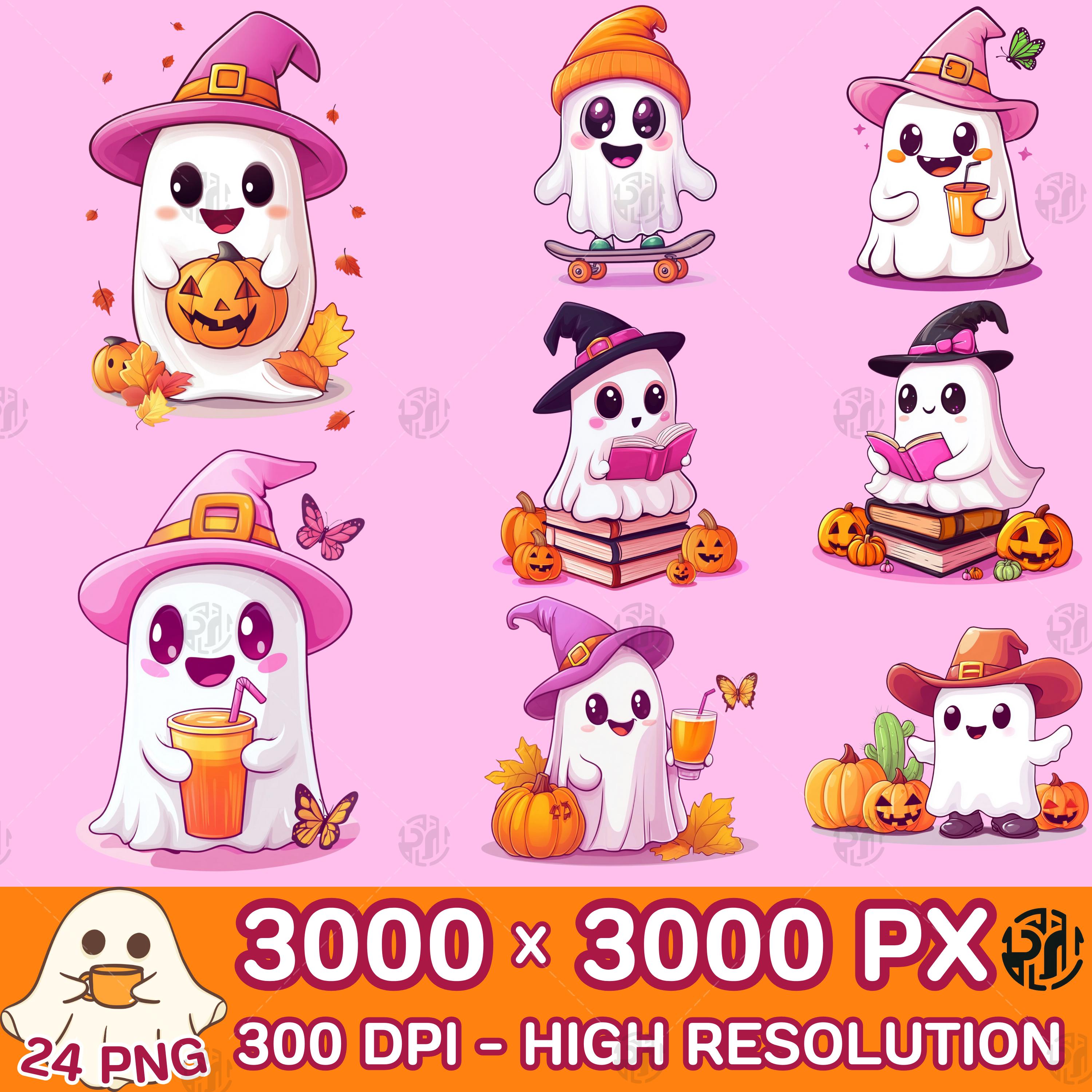 水彩ピンクのゴースト PNG、かわいいクリップアート、ハロウィーンの魔女の帽子のクリップアート、かわいいカボチャ、パステルテーマバンドル、商用利用 -  Etsy 日本, image size:3000x3000
