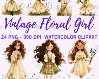 Aquarela Vintage Floral Girl PNG, Spring Girls Clip Art Portrait, Summer Flower Clipart, Retro Wall Prints, Girls in Plaid Dress Bundle