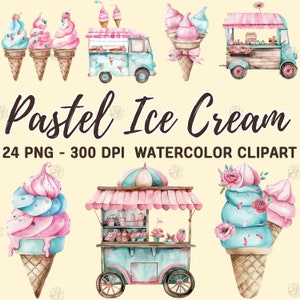 Akwarela Pastel Lody PNG, Stożek Clip Art Portret, Miska Clipart Obrazy, Ciężarówka Ścienne Wydruki Sztuki, Urodzinowy Pakiet Ilustracji