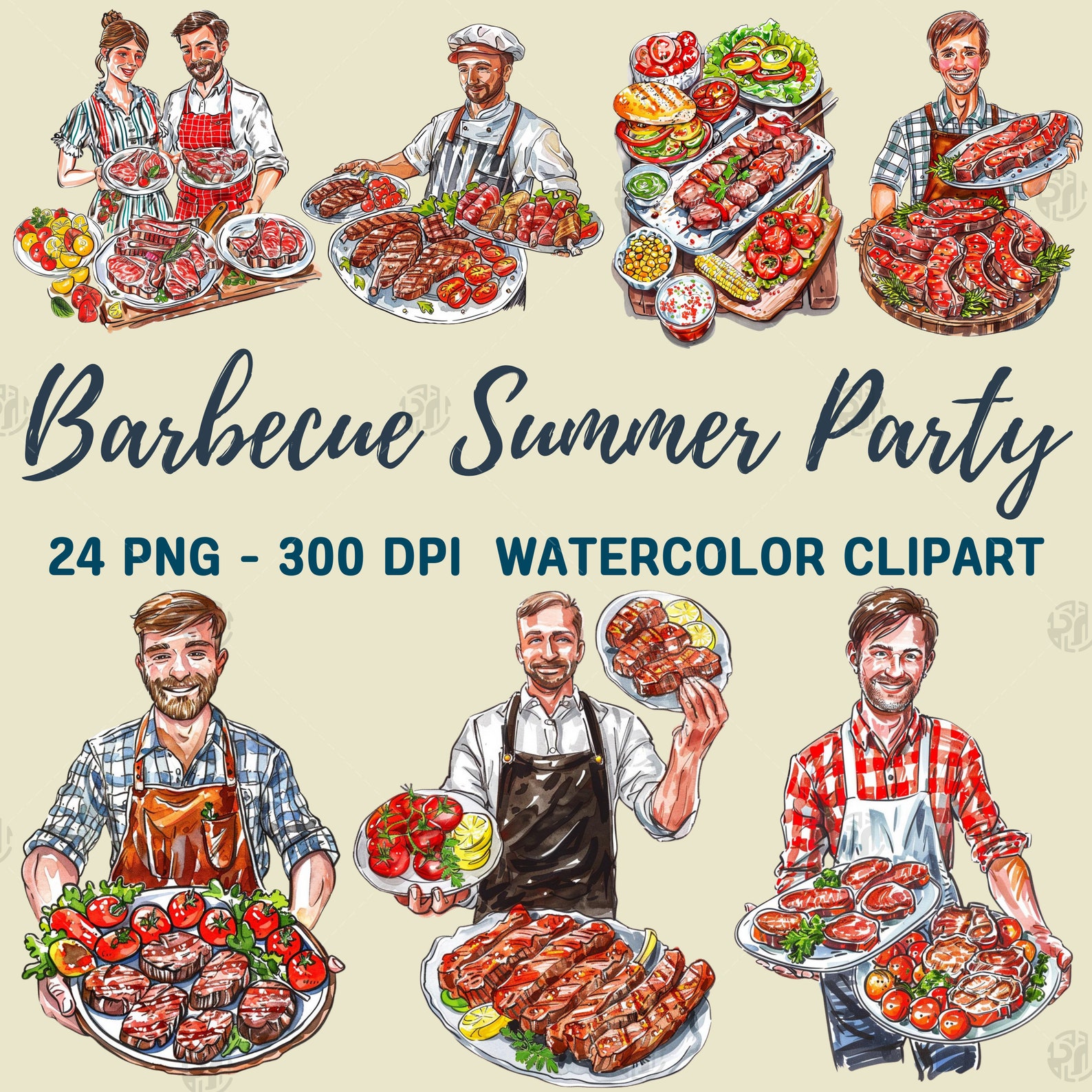 Watercolor Barbecue Summer Party PNG, BBQ Grill Clip Art Portrait ...