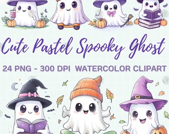 Watercolor Cute Pastel Spooky Ghost PNG, Halloween Clip Art, Kawaii Pumpkin Clipart, Witch Hat, Illustration Bundle, Commercial Use