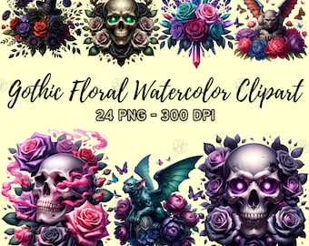 Watercolor Gothic Floral PNG, Halloween Skull Clip Art Portrait, Black Flower Clipart Paintings, Dark Roses Wall Art Prints, Fantasy Bundle