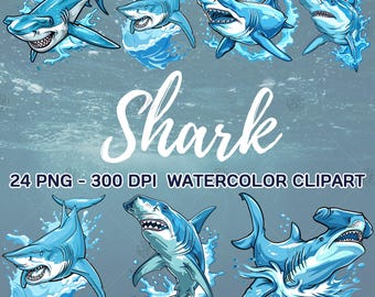 Watercolor Fierce Shark PNG, Aquatic Clip Art, Marine Life Clipart, Ocean Wall Prints, Underwater Illustration Bundle, Commercial Use