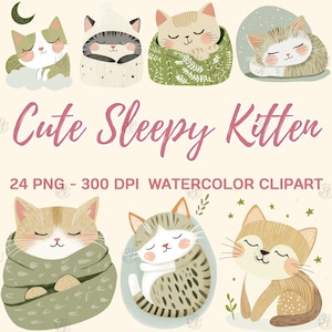 Aquarell süßes schläfriges Kätzchen PNG, Baby Katze Clip Art, gemütliche Katzen Clipart, Kawaii Feline, Gute Nacht Illustration Bundle, kommerzielle Nutzung