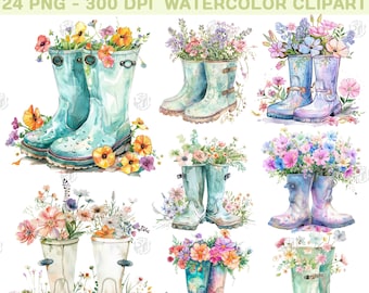 Watercolor Spring Rain Boots PNG, Flower Clip Art Portrait, Hello Spring Clipart Paintings, Floral Wall Art Prints, Illustration Bundle