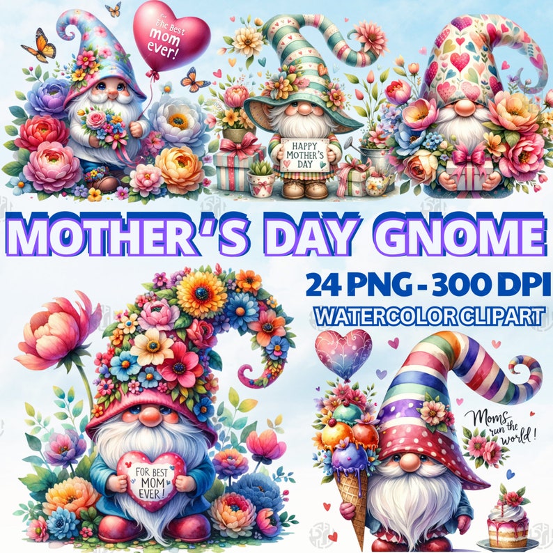 Watercolor Mothers Day Gnome PNG, Cute Mother Gnomes Clipart, Mommy ...