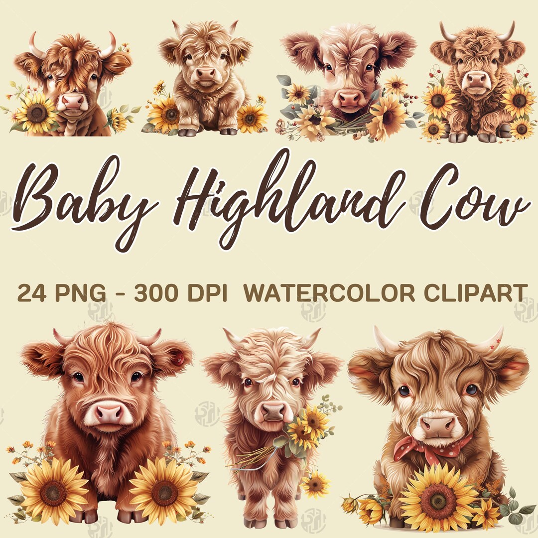 Watercolor Baby Highland Cows PNG, Cute Rustic Cow Sunflower Clip Art ...
