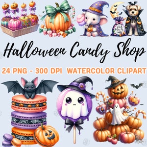 Watercolor Halloween Candy Shop PNG, Scary Candy Clip Art, Fun Cartoon Party Clipart Paintings, Sweets Wall Prints, Illustration Bundle