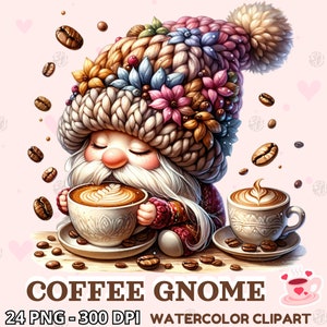 Aquarelle de grains de café gnome amateur PNG, mignon Latte Clipart gnomes, décor de bar barista, lot de nain bonnet en tricot rose, sublimation pour chemise