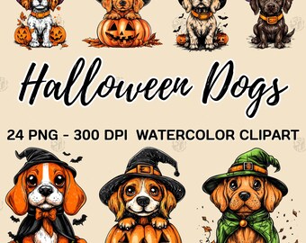 Watercolor Halloween Dogs in Costumes PNG, Spooky Puppy Clip Art, Cute Witch Hat Clipart, Cartoon Pumpkin Bundle, Commercial Use