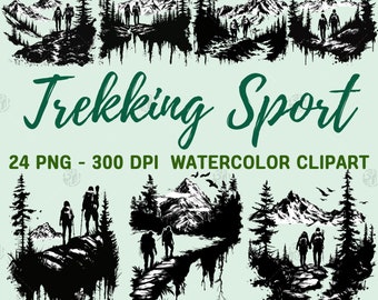 Aquarelle Trekking Sport PNG, randonnée Trek aventure Clip Art, clipart randonneurs paysage, sentier de montagne Backpacker, randonnée paysage Bundle