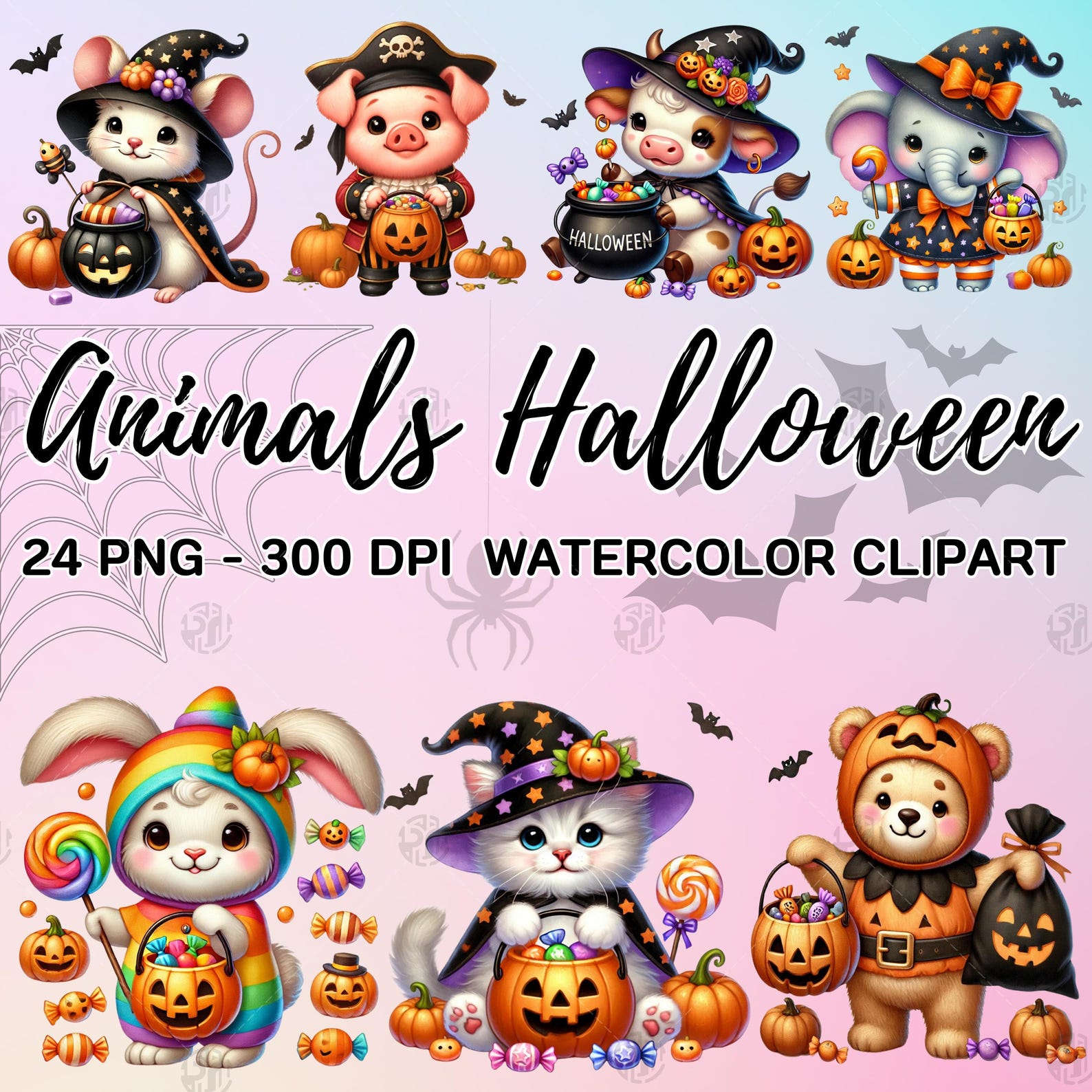 Watercolor Animals Halloween PNG, Cute Wildlife Costumes Clip Art ...