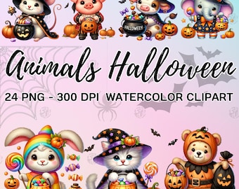 Könnte beinhalten: Ein Set mit 24 digitalen Aquarell-Clipart-Bildern mit niedlichen Tieren in Halloween-Kostümen. Zu den Tieren gehören eine Katze, ein Schwein, eine Kuh, ein Elefant, ein Kaninchen und ein Bär. Jedes Tier hält einen Kürbis und Süßigkeiten. Die Bilder sind perfekt zum Erstellen von Halloween-Karten, Einladungen und anderen Bastelarbeiten.