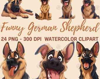 May include: A set of 24 digital watercolor clipart images featuring a cartoon German Shepherd dog in various poses. The dog is depicted with a brown and black coat, floppy ears, and a playful expression. The images are perfect for creating greeting cards, invitations, scrapbook pages, and other craft projects.