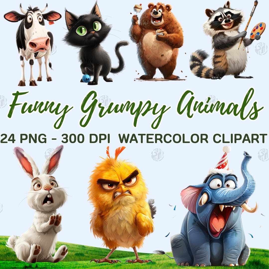 Watercolor Funny Grumpy Animals PNG, Cute Safari Clip Art, Wildlife ...